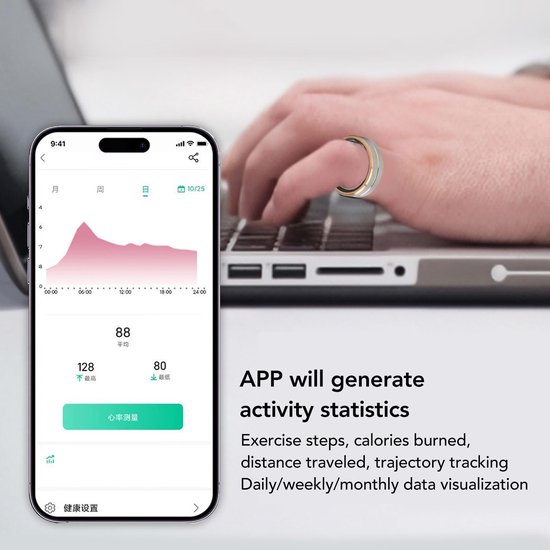 Allecto - Slimme Fitness Ring - Gezondheidsmonitoring - Slaaptracking - Draagbaar - Activiteitenmonitor - Gezondheid - Volwassenen - Zwart van Allecto — afbeelding 3