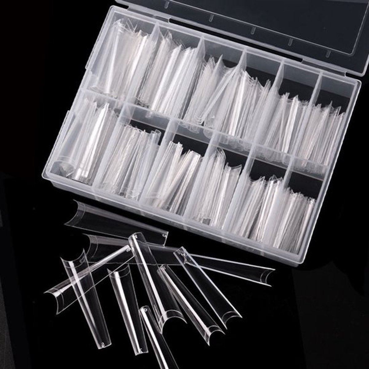 Nifkos - Gel Flex 240x Nageltips in Tipbox - Long Transparant Coffin Half Cover C Curve - Kunstnagel Set - Nail Tips -French Nail Art Acryl Nagels & Gelnagels - Premium Quality Line