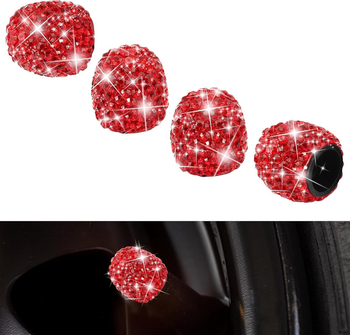 Auto Accessoires - Kristallen Diamant Ventieldoppen - 4 Stuks - Glitter Strass Decoratie - Voor Auto Fiets en Motor - Rood