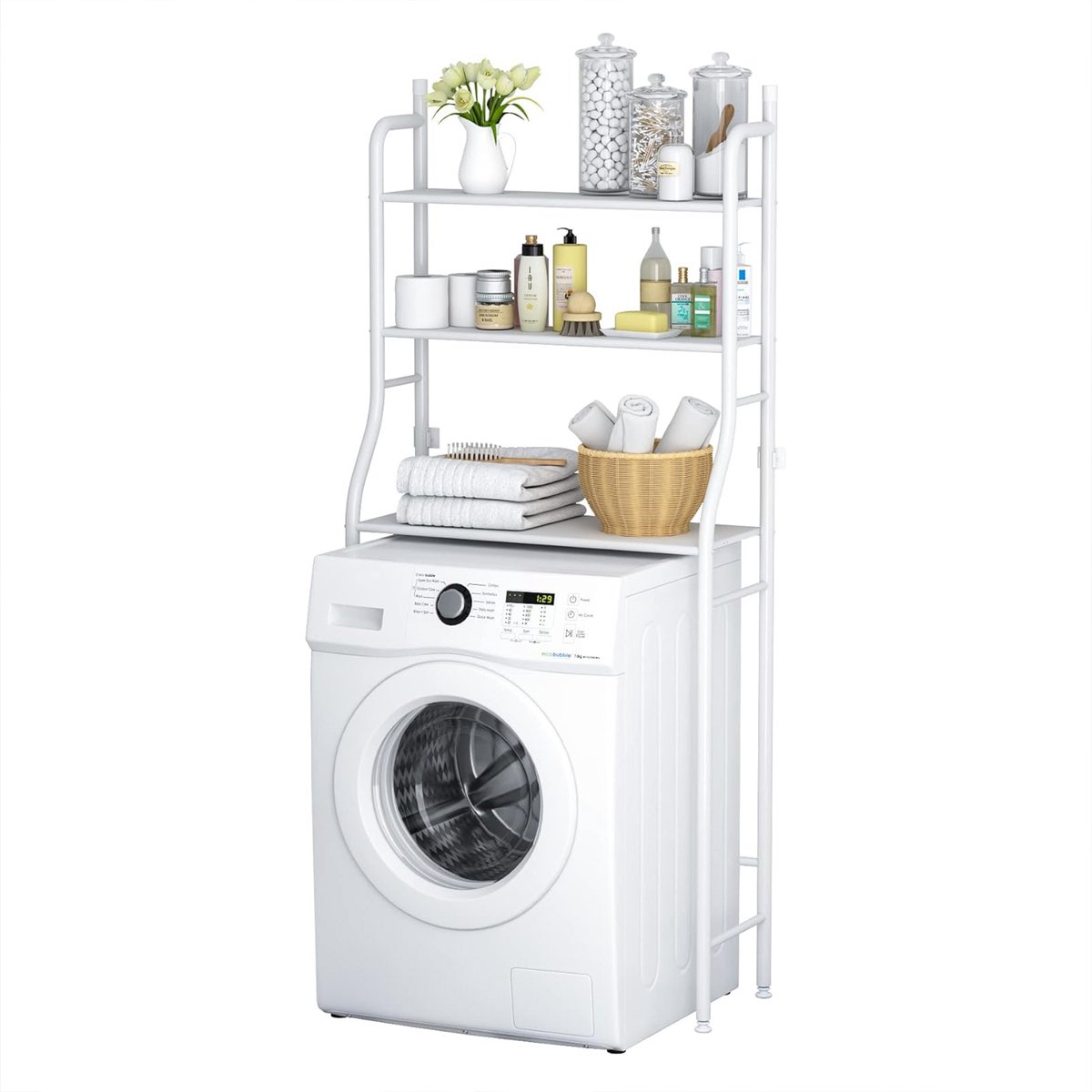 Hearyoo Badkamerrek - Wasmachinekast - 2-Laags Badkamerrek met Verstelbare Voeten - Vrijstaand Opbergrek voor Wasmachine en Badkamer