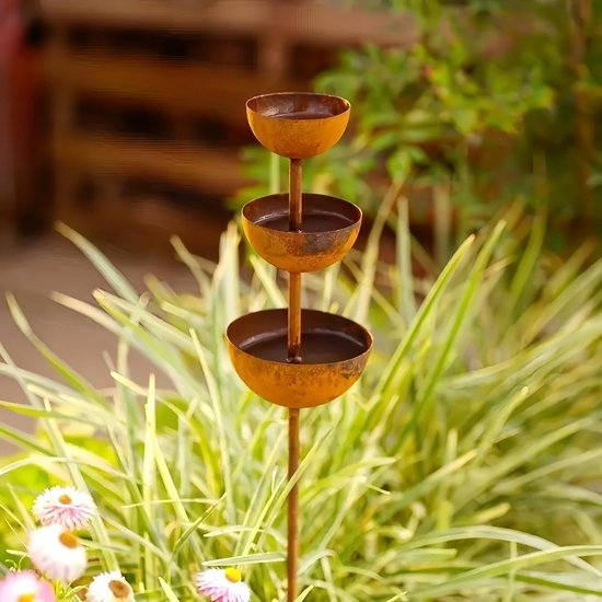 Récupérateur de pluie KZQ en métal rouille naturelle 68 cm Poteau de jardin Abreuvoir pour insectes Décoration rouille Décoration de jardin extérieur