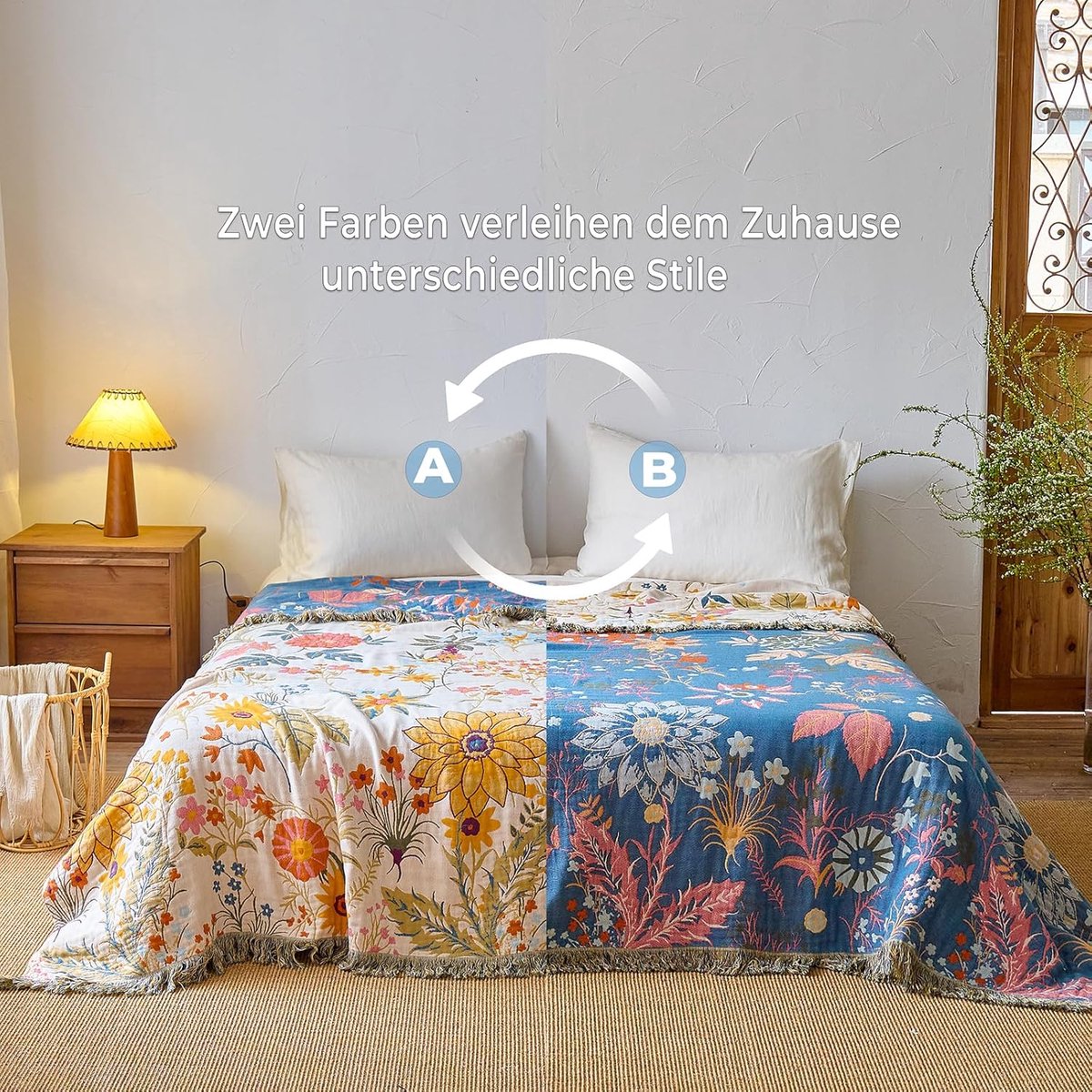 Boho-sprei- 100% katoen- dubbelzijdige decoratieve lentesprei met franjes- voor het hele jaar door bruikbaar- mousseline deken met prachtig bloemenpatroon- geschikt voor eenpersoonsbed- 150 x200cm — cadeau in Wonen & Interieur - foto 2