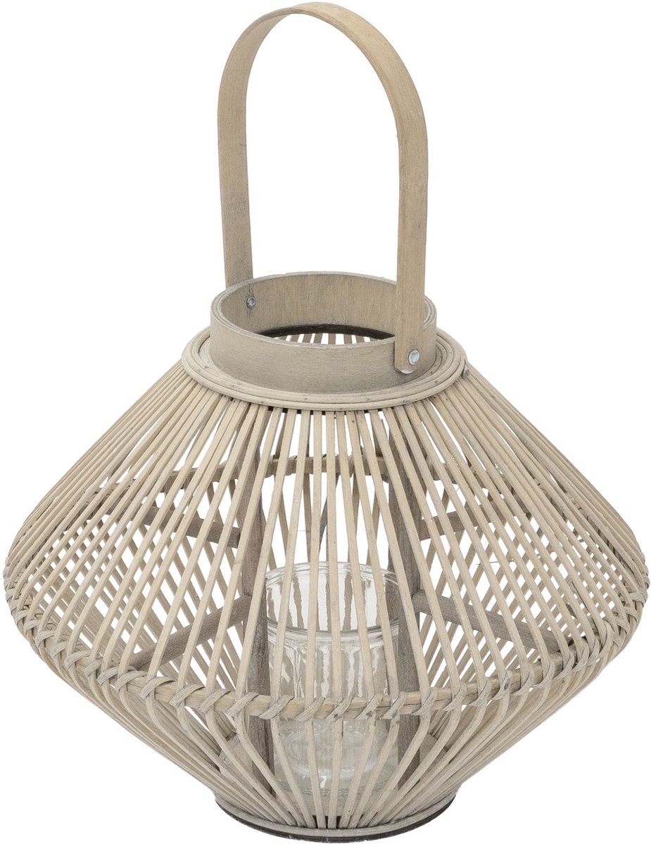 Bamboe lantaarn, windlicht H: 44 cm houtkleur, boho tuinlantaarn met handvat & glazen inzet, rieten kaarsenhouder