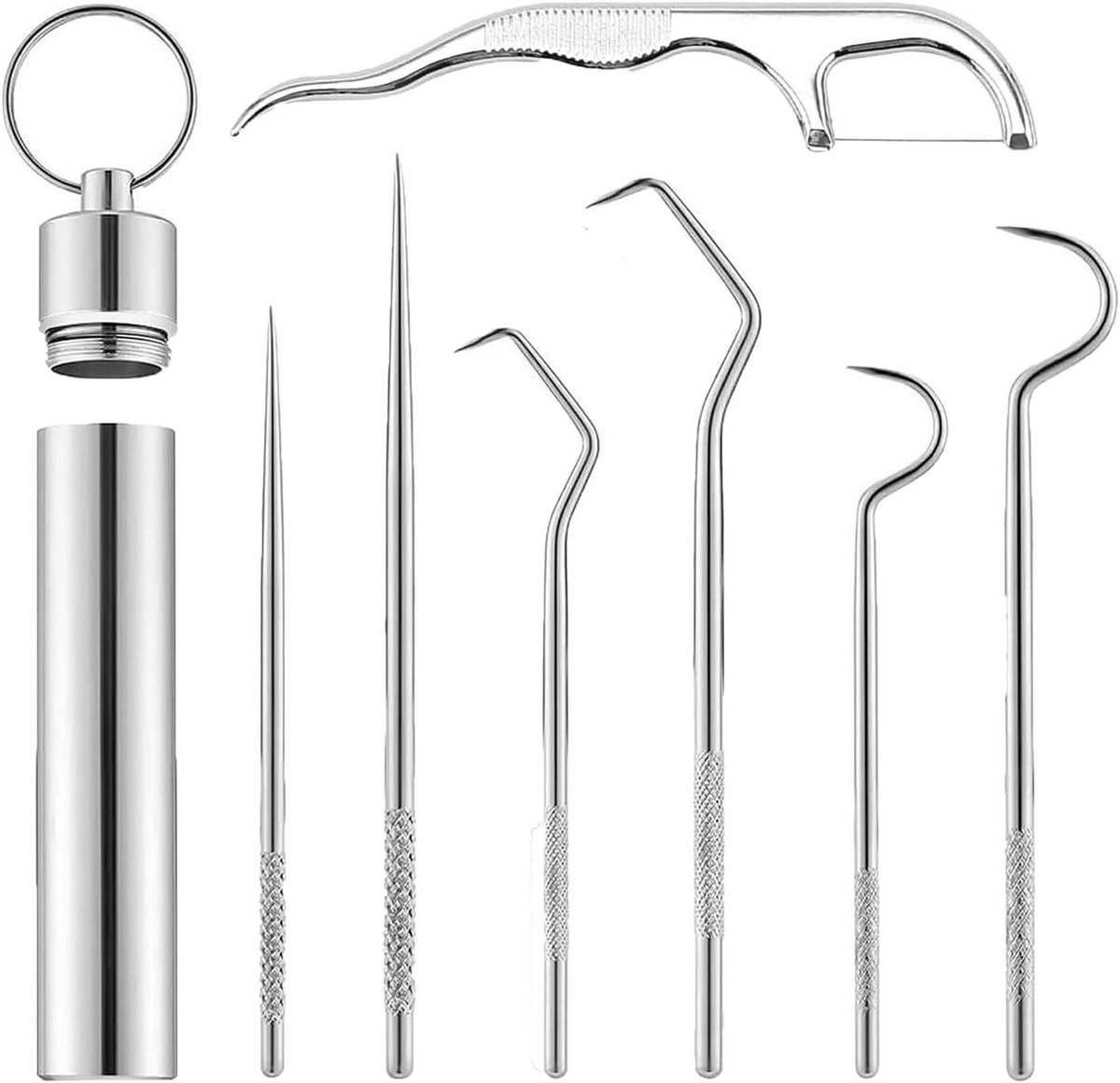 Roestvrijstalen Tandenstokers - Metalen Tandenstokers Set - Hygiëne Onderweg - Afgedichte Metalen Doos - 7 Stuks - Zilver