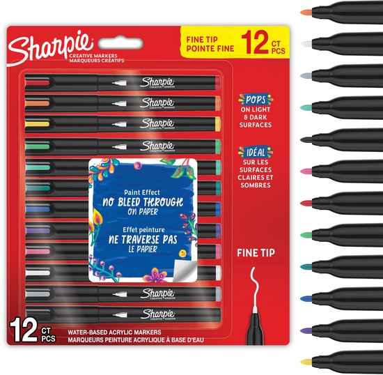 Marqueurs créatifs Sharpie, pointe fine, 12 pièces, marqueurs acryliques à base d'eau, ne traversent pas le papier.