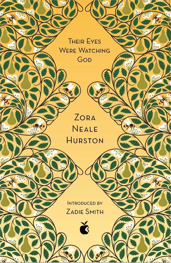 Boek kaft met gele achtergrond, versierd met groene bladeren, peren en bijen. Titel: THEIR EYES WERE WATCHING GOD.