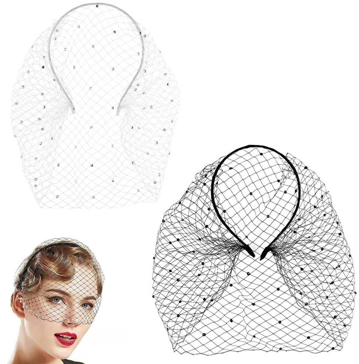 Allecto - Flapper sluier hoofdband - Vintage net sluier voor bruiloft - Zwart-wit - Hoofddeksel voor theeparty - Geschikt voor bruid - 2 stuks