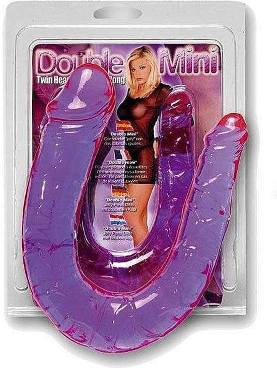 Dubbele paarse dildo met twee koppen. Duidelijke aderenstructuur. Op de verpakking staat "Double Mini" en een vrouw.