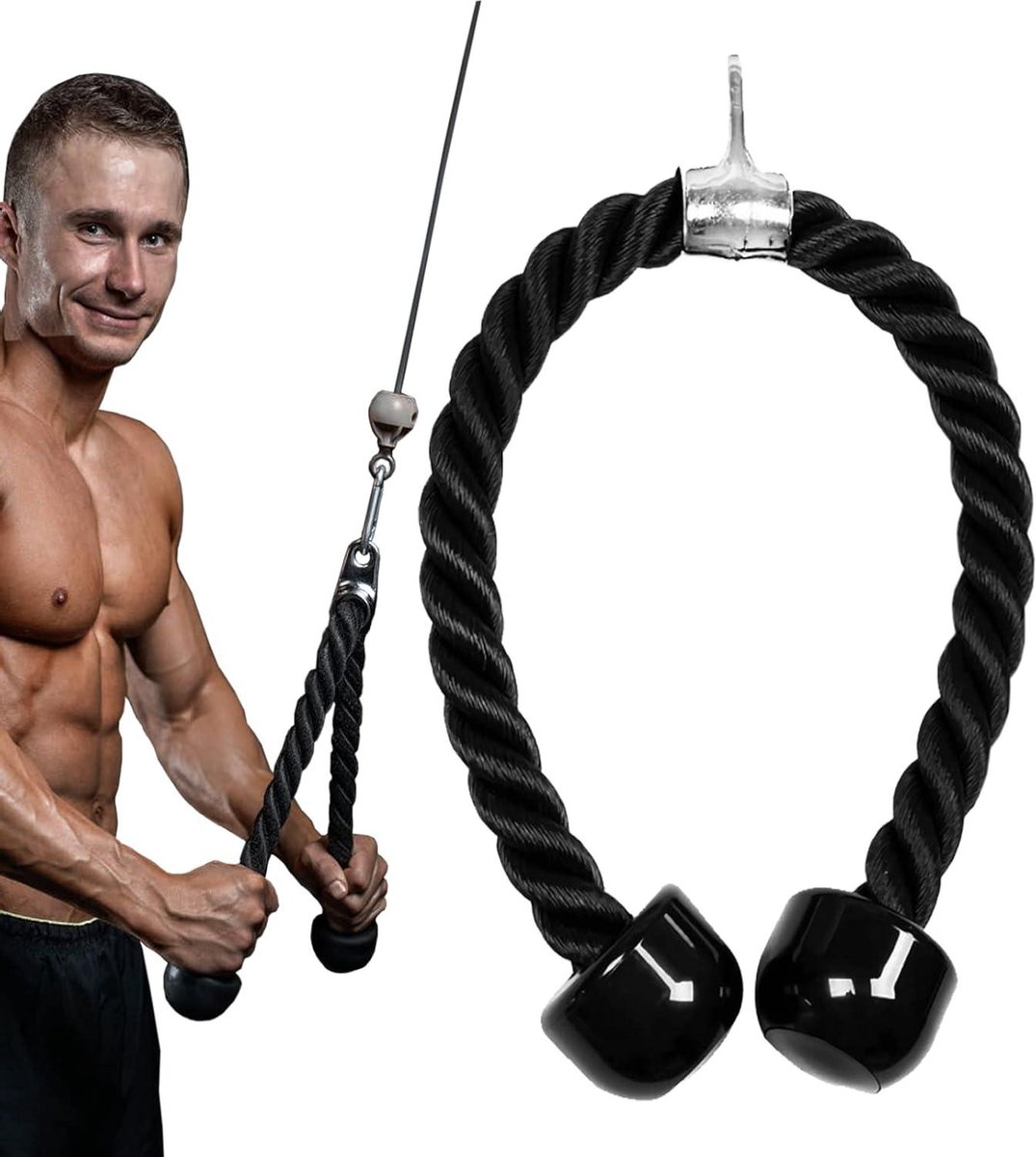 Triceps Touw - Kabelbevestiging Pushdown - Kracht Training - Versterkt Handvat - 90 cm - Zwart