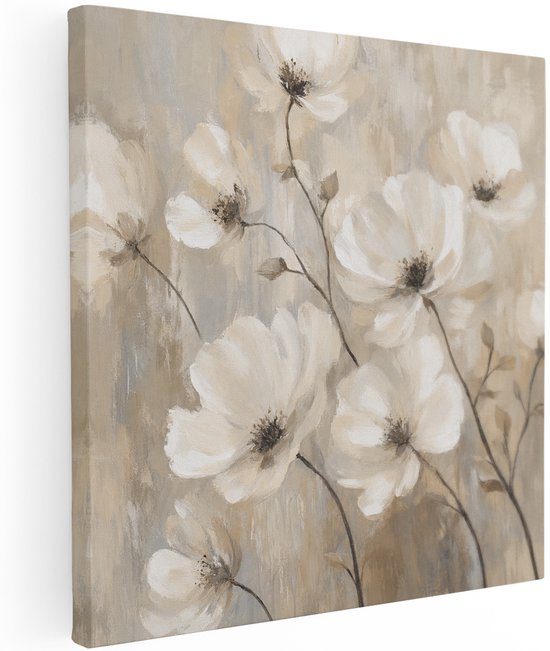 Artaza Canvas Schilderij Witte Abstracte Bloemen - 30x30 cm - Wanddecoratie Woonkamer - Schilderijen - Muurdecoratie