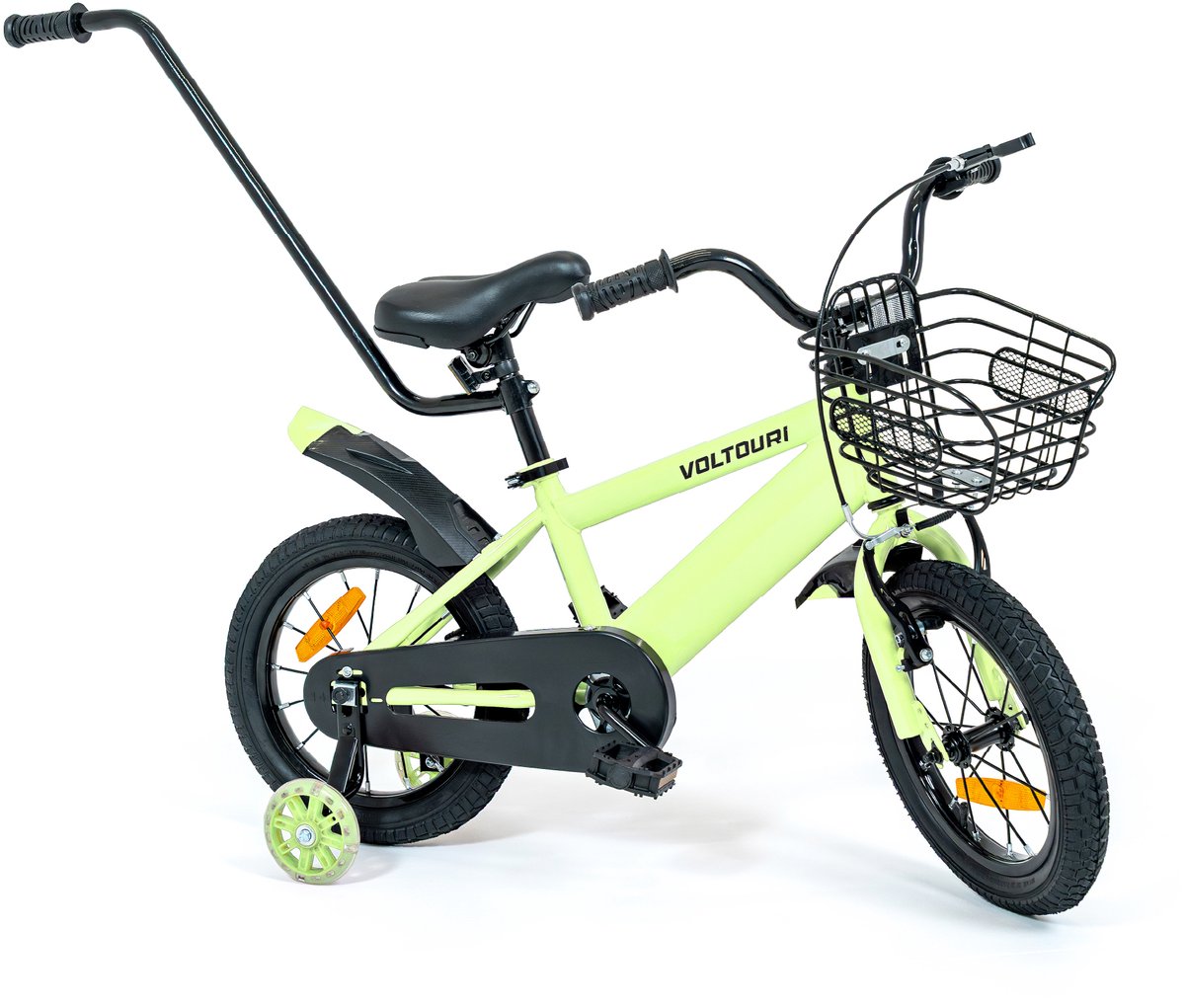 Kinderfiets 14 inch - Zijwieltjes met LED, Mand & Duwstang - 3-6 jaar
