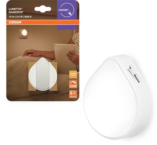 OSRAM LUNETTA RAINDROP nachtlampje incl. daglicht- en bewegingssensor, 0,5W, 15lm, wit, regendruppeldesign, warmwit licht bij 3000K, dimbaar, ingebouwde EU-stekker, voor gebruik binnenshuis van Osram — afbeelding 2