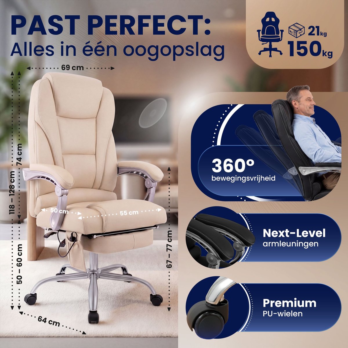 CLP Pacific Bureaustoel Ergonomisch met Massagefunctie Echt - afbeelding 2