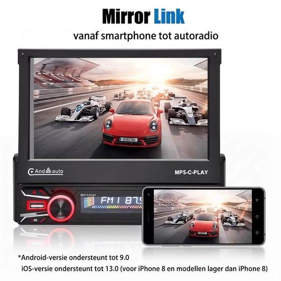 Mirror Link functie met raceauto's op het scherm, gespiegeld op smartphone.