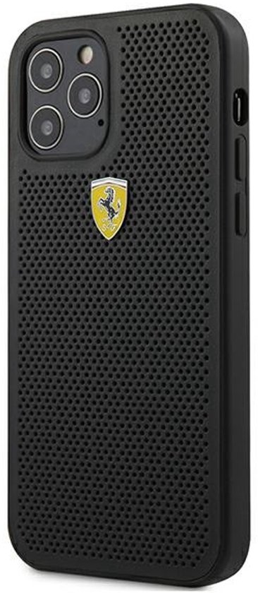 Zwart Ferrari telefoonhoesje met geperforeerd patroon en geel-zwart Ferrari logo.