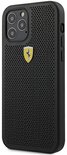 Zwart Ferrari telefoonhoesje met geperforeerd patroon en geel-zwart Ferrari logo.