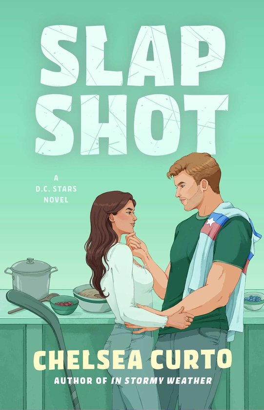 Couverture du livre 'Slap Shot' de Chelsea Curto. Un homme et une femme se regardent dans une cuisine.