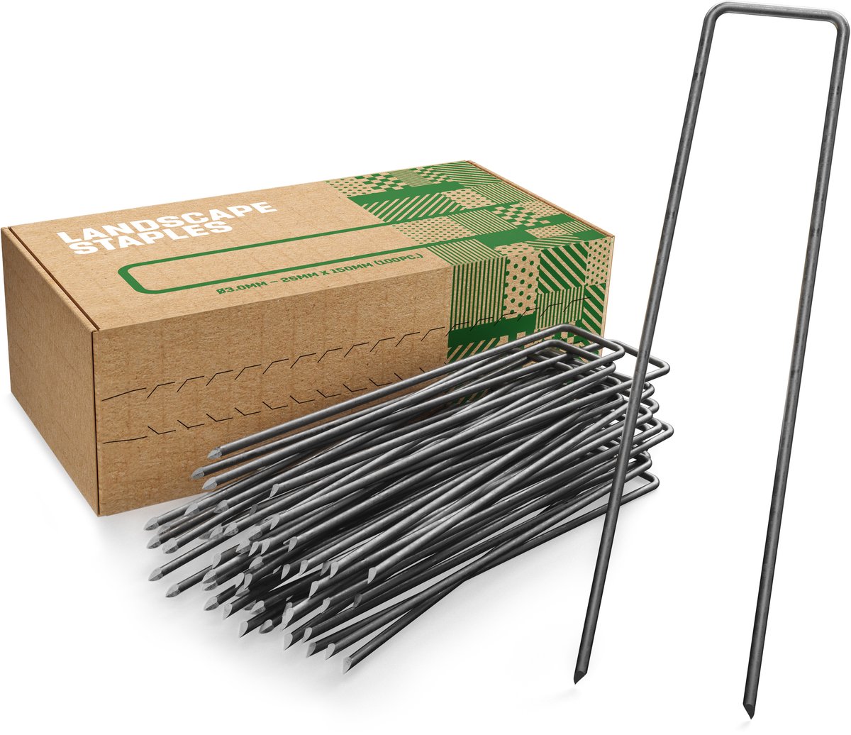 GardenGloss® Grondankers Van Niet Verzinkt Staal (100 Stuks) - Stabiele Grondankers Voor Onkruidvlies, Tuinvlies, Schutting & Net - 150 mm Lang, 25 mm Breed, Ø 2.7 mm