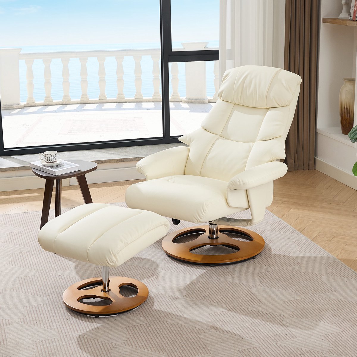 Wishdor Relaxfauteuil Met Massage- En Verwarmingsfunctie - Draaibaar Met Hocker En Verstelbare Rugleuning - Modern - Kunstleer - Wit - 83,5 X 81 X 111 Cm Witte PU