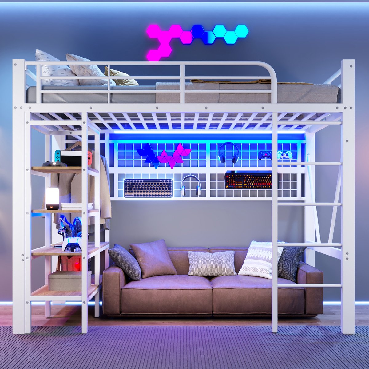 VVBV Hoogslaper 90x200 – Metalen Kinderbed met LED, Opbergvak, Hangnet en Kledingstang – Open Ruimte Onder het Bed – Wit – Zonder Matras White