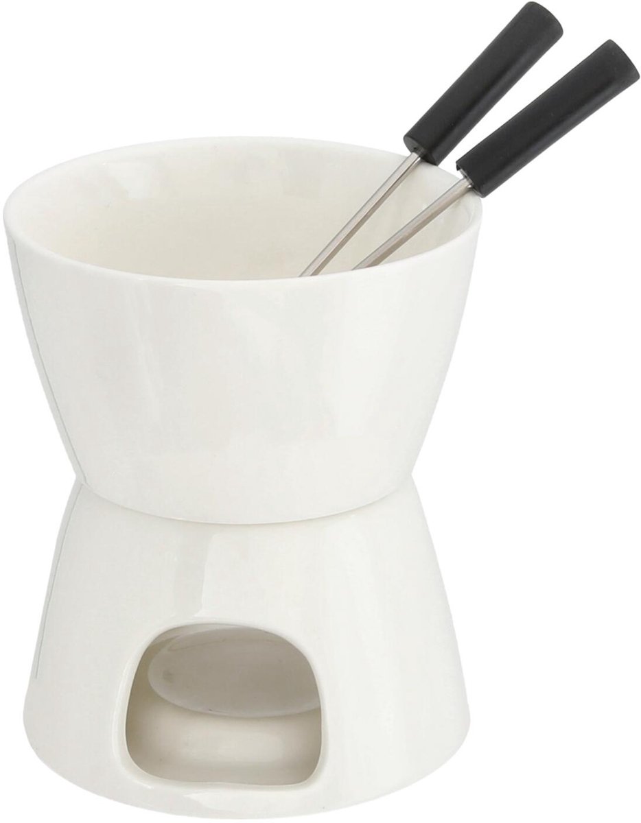 Cepewa Chocoladefondue - H9 x 6,5 cm - wit - keramiek/rvs - fondueset - incl vorken