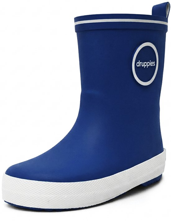 Donkerblauwe Druppies regenlaars met witte strepen en zool.
