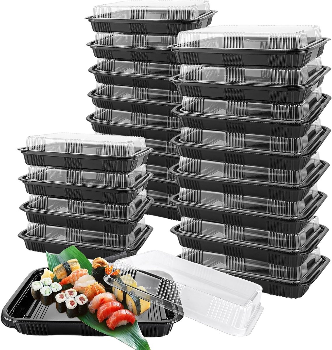 Herbruikbare Buffetbakken met Deksel - 20 Stuks Plastic Catering Schalen voor Feestjes, Sandwiches, Taarten en Sushi - 264x200x62mm Zwart
