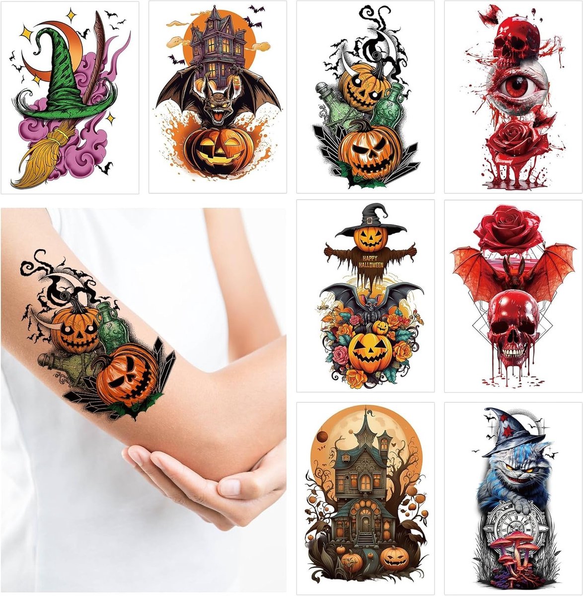Tijdelijke Halloween-armtatoeages voor feestelijke kostuums, pompoenen, doodskoppen, vleermuizen en heksen - 8 vellen met kleurrijke tatoeagestickers voor decoraties en make-upfeestjes