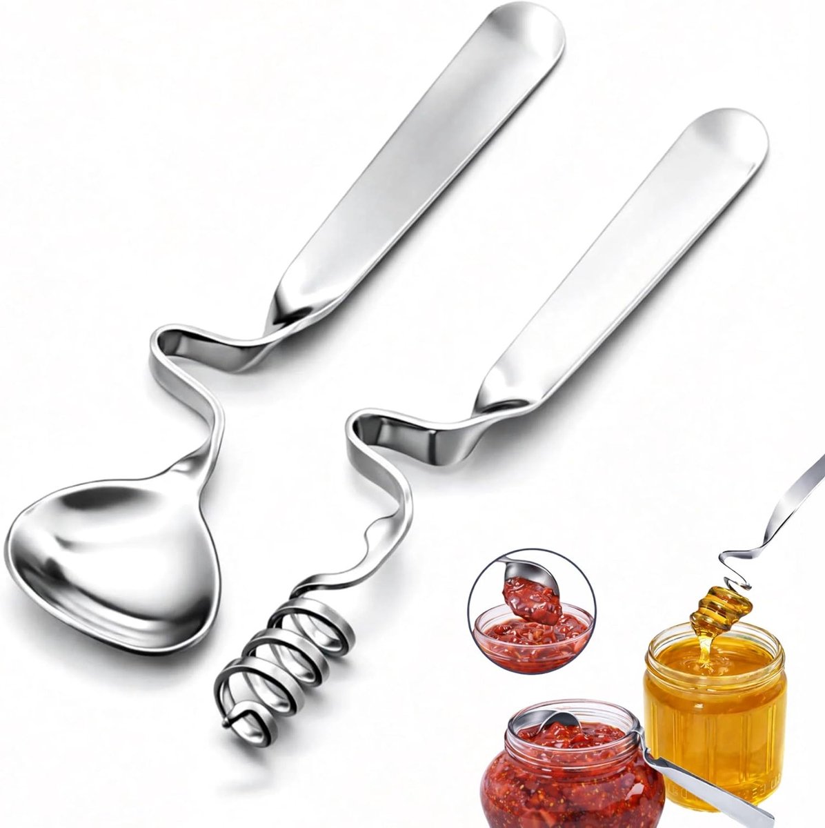 Praktische honing- en jamlepelset van roestvrij staal met haken, spiraallepel en jamlepel voor het serveren van zoetigheden en desserts