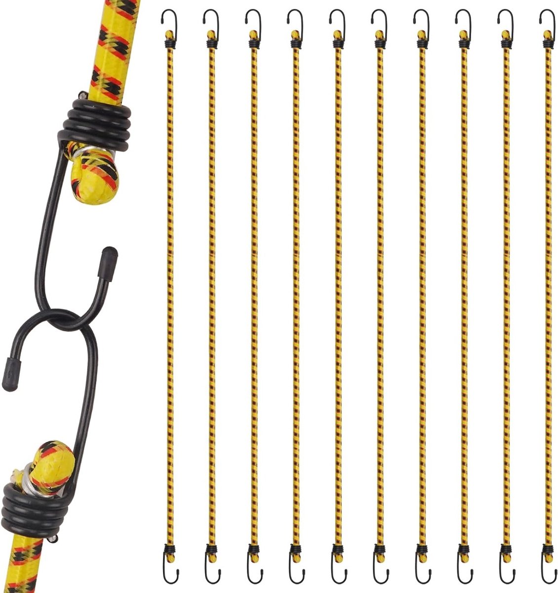 Elastische Touwen van 100 cm met Haken, Sterk en Duurzaam voor Zeilen, Fietsendragers en Tuinwerk, Verpakking van 10 Stuks