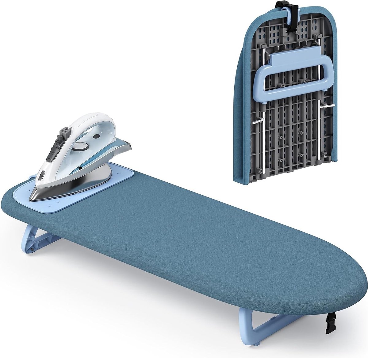 Opvouwbare mini strijkplank met ijzeren mat voor eenvoudig strijken, ideaal voor reizen en kleine ruimtes, 12x32 blauw