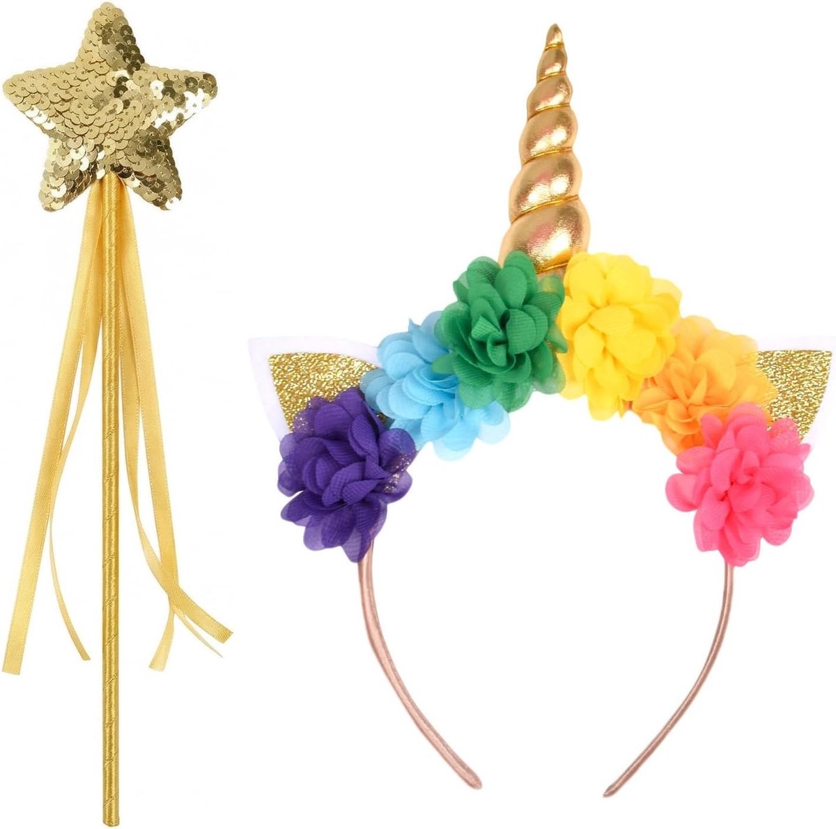 2-delige haarbandset met eenhoornontwerp voor meisjes en dames, perfect voor verjaardagen, kostuums en carnaval, inclusief toverstaf en paillettenaccessoires