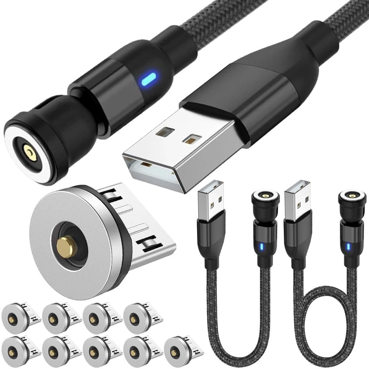 Dailygoody - 1 Pin Magnetische Oplaadkabel - 540° Rotatable Micro USB - 2m + 1m met LED Licht