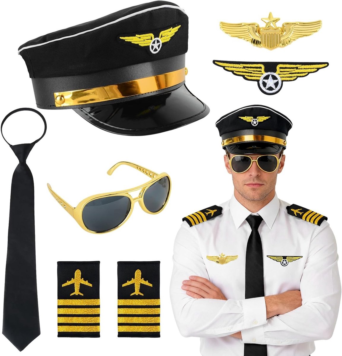 Complete Set van 7 Stuks voor Piloten Kostuum met Hoed, Stropdas, Zonnebril en Schouderpads voor Themafeesten en Cosplay