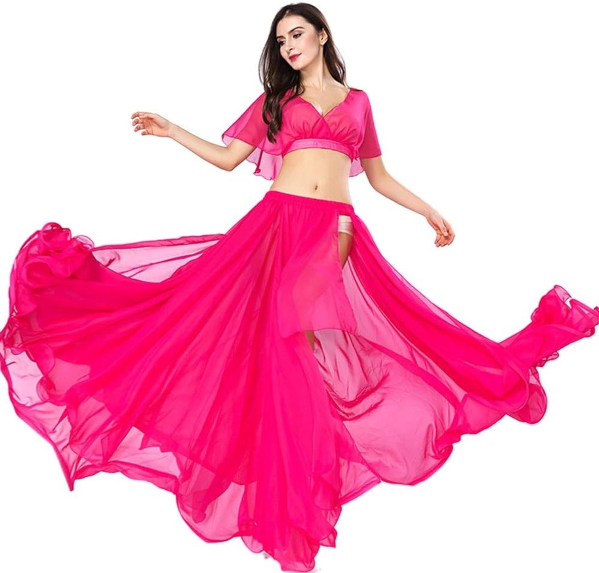 Bellydance kostuumset voor vrouwen met chiffon zwierrok en top, sexy split jurk voor optredens, één maat