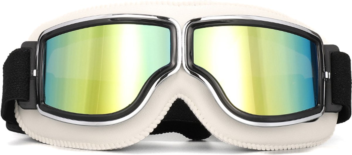 KIMU® Goggles Motorbril Skibril - Bril Wit Montuur - Oranje Spiegelglazen - Leatherlook Pilotenbril Vintage Motor Retro Steampunk Lederen Heren Festival