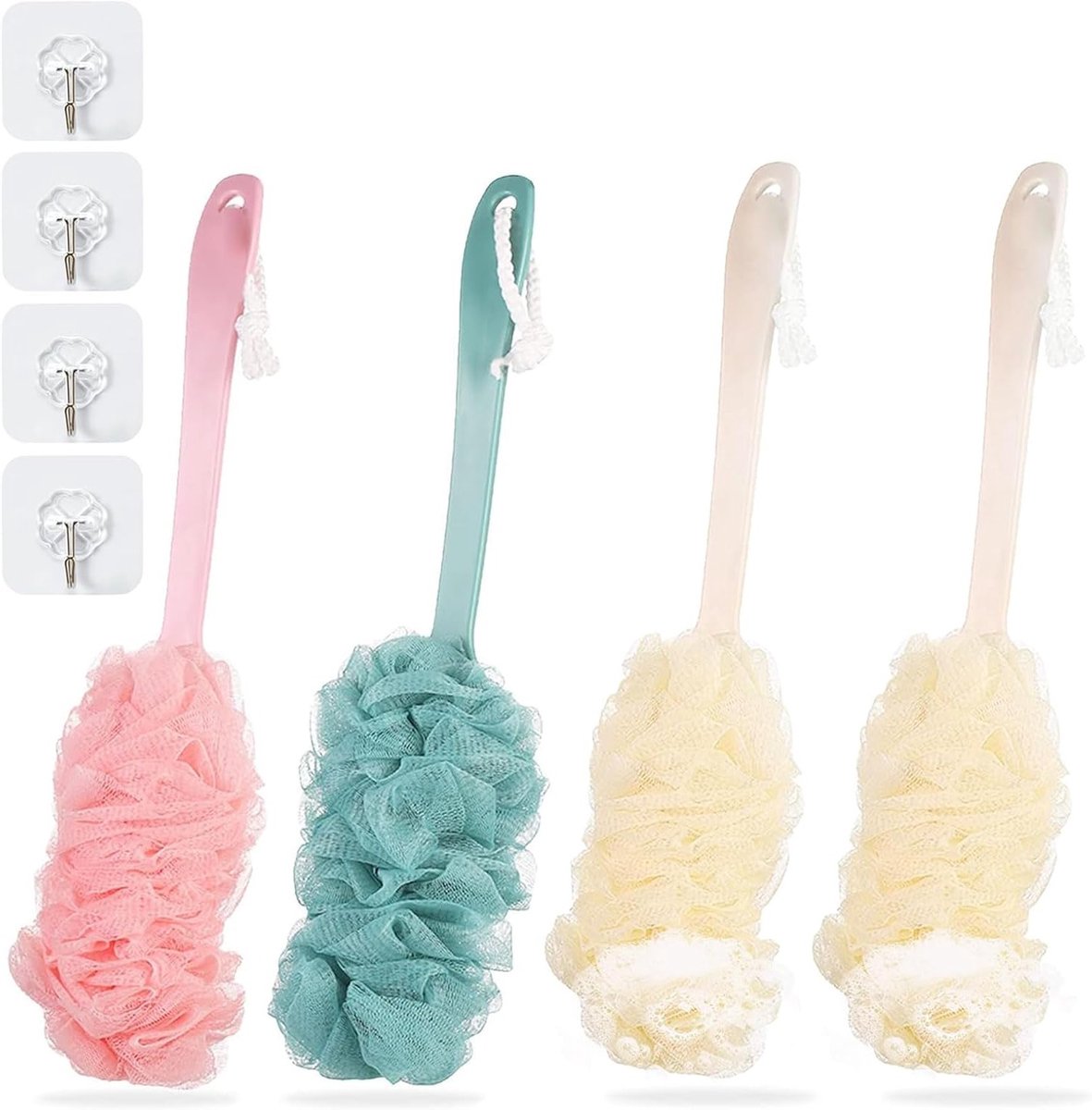 Verstelbare Douche Spons met Handvat, 4-delige Mesh Badborstel Set, Lange Handgreep, Massage Spons en Badschrobber voor Rug en Lichaam