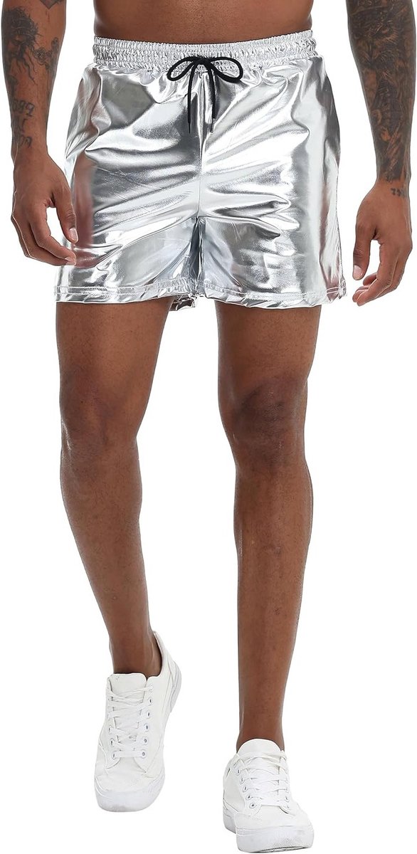 Gouden Metallic Shiny Rave Shorts voor Mannen - Comfortabele Disco Dance Party Sweatpants met Elastische Tailleband