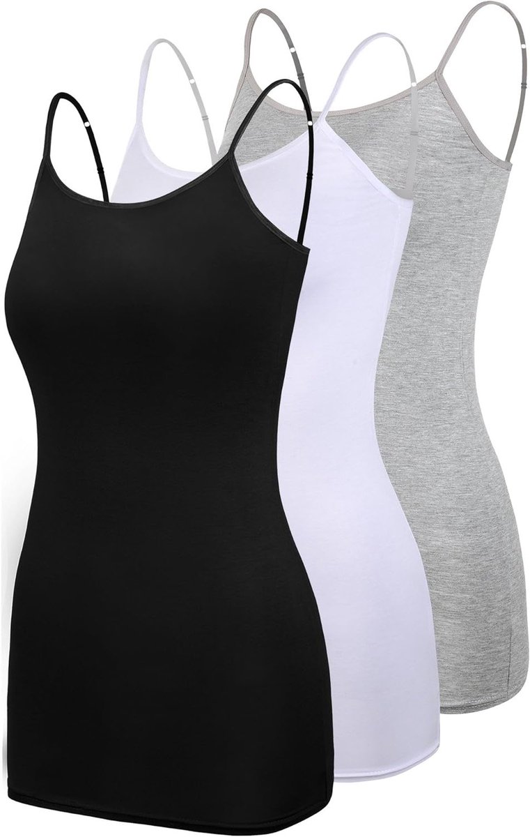 Basic Dames Long Tank Tops 3-Pack met Verstelbare Spaghetti Bandjes en Comfortabele Pasvorm