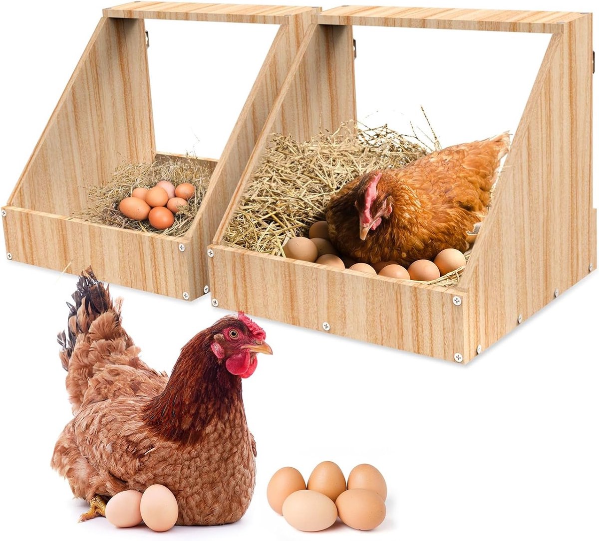 Houten Legnest voor Kippen van Natuurlijk Hout met Waterdichte Verf, Eenvoudig Schoon te Maken, Set van 2, 35x35x34 cm, Perfect voor Kippenverzorging en Eieren Leggen