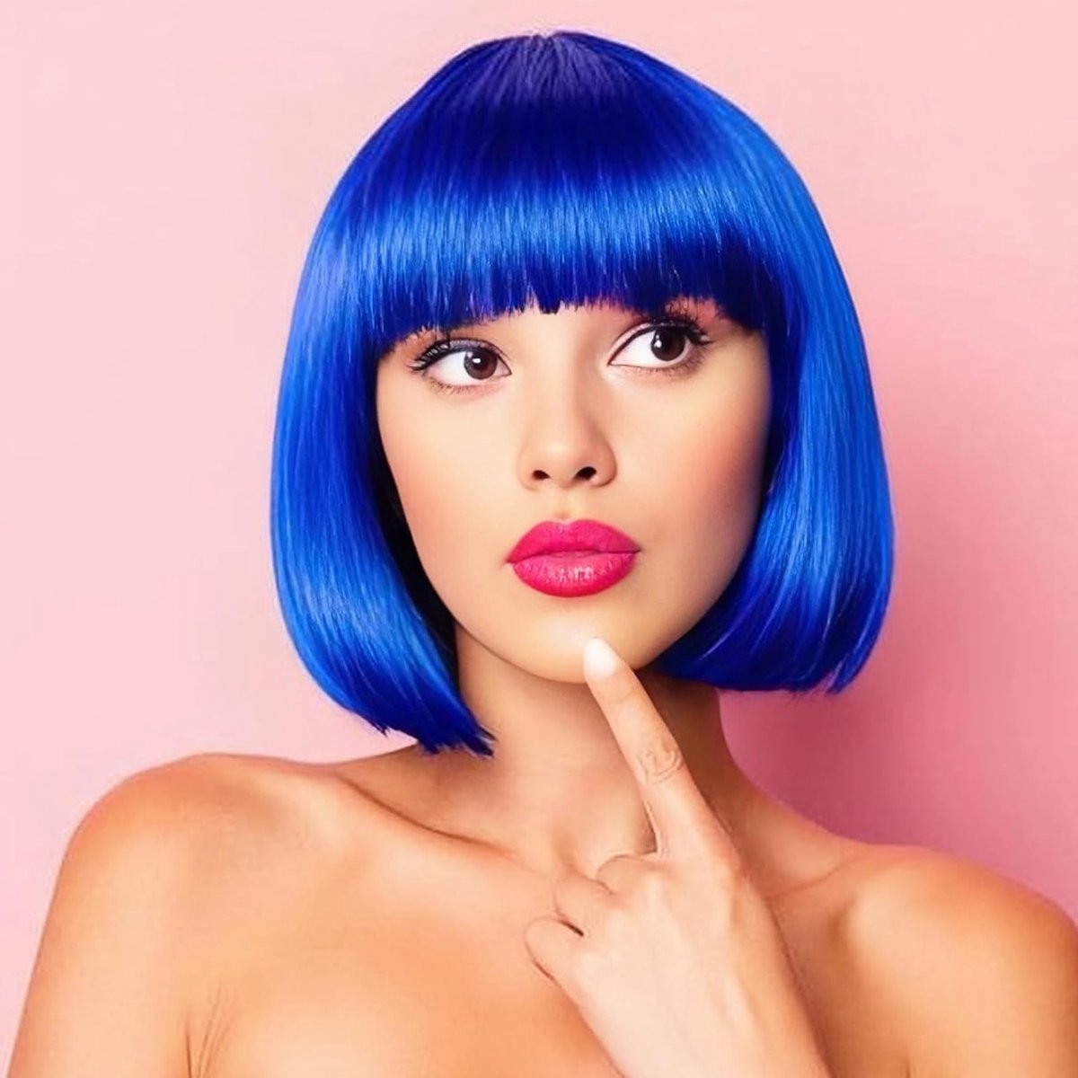Korte Blauwe Synthetische Bob Peruk voor Vrouwen van 30 cm met Pony voor Rolspel en Carnaval