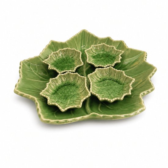 Lotus schaaltje groen 8 cm – keramieken dipschaaltje in bladvorm – theetip / amuseschaaltje - set van 4 stuks
