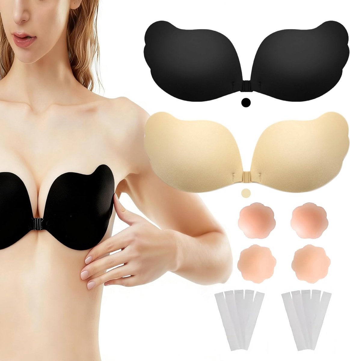 Set van 2 zelfklevende push-up plakbeha's voor dames, ideaal voor onzichtbare ondersteuning bij jurken met blote rug, inclusief tepelpads en plakstrips