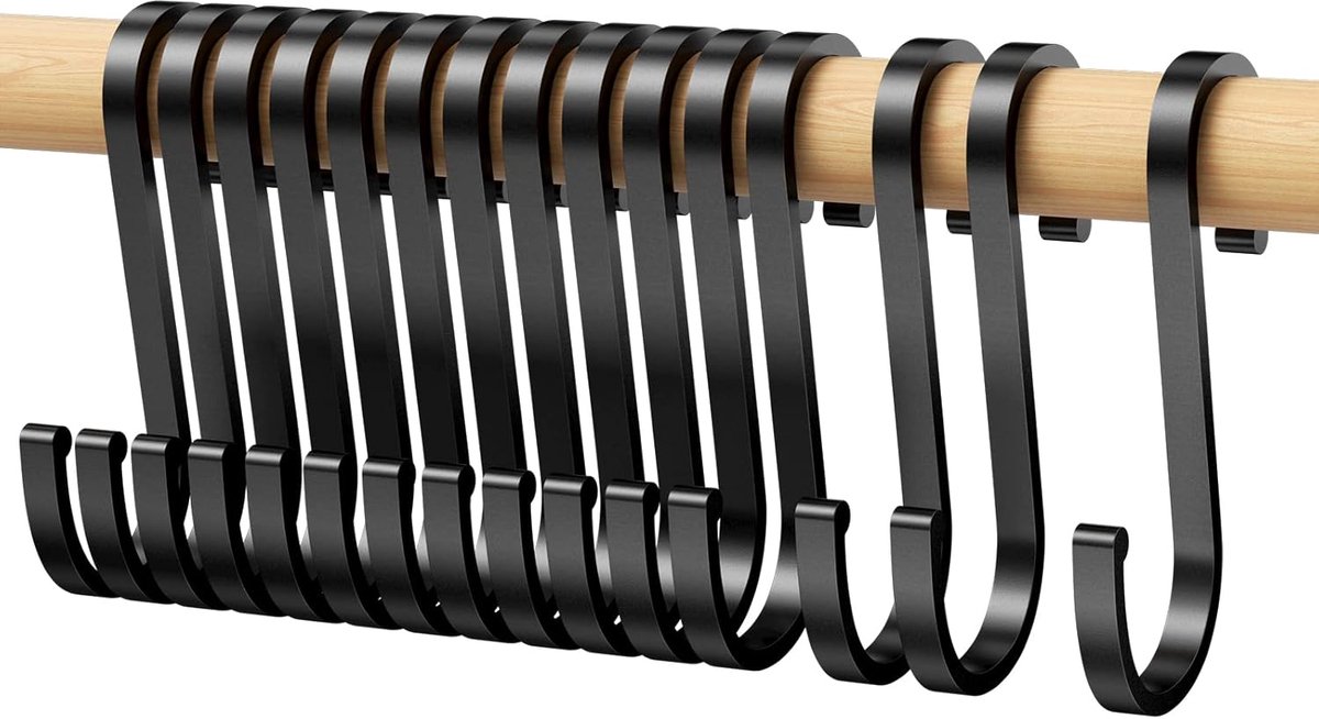 Set van 15 platte zwarte aluminium S‑haken met veiligheidslus – metalen ophanghaken voor keuken, badkamer, slaapkamer en kantoor