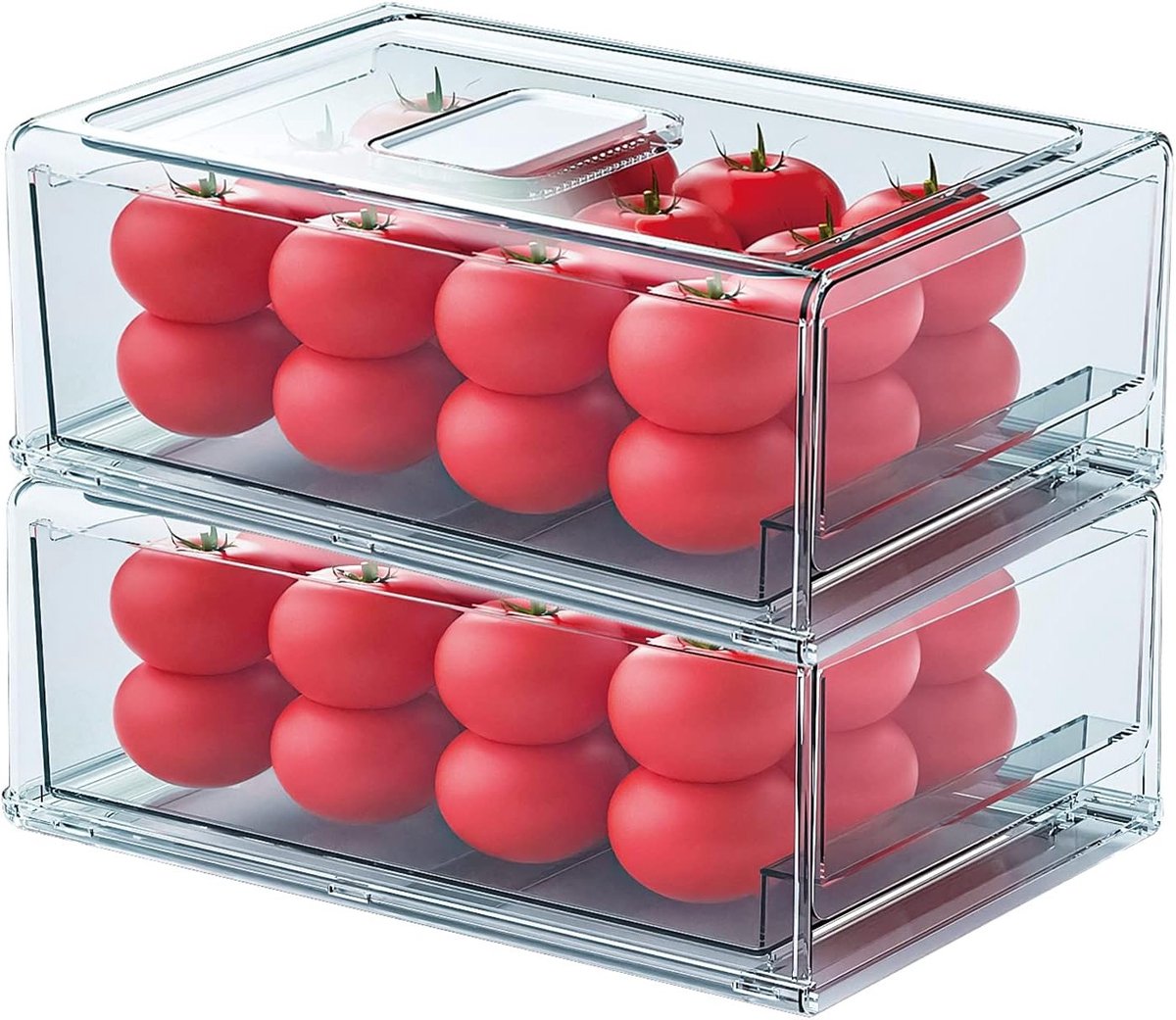 Stackbare Koelkast Organizers met Lades, Ideaal voor Voedselopslag in Keuken en Utility Room, BPA-vrij (Groot 2 stuks, 30x20.5x11.5cm)