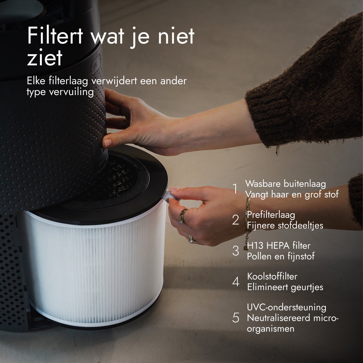 Bloomfold Luchtreiniger en Ventilator Cyclone – H13 HEPA & UVC-licht – 400 m³/h CADR – Air Purifier - Medische Filtratieklasse tegen Pollen & Fijnstof — afbeelding 6