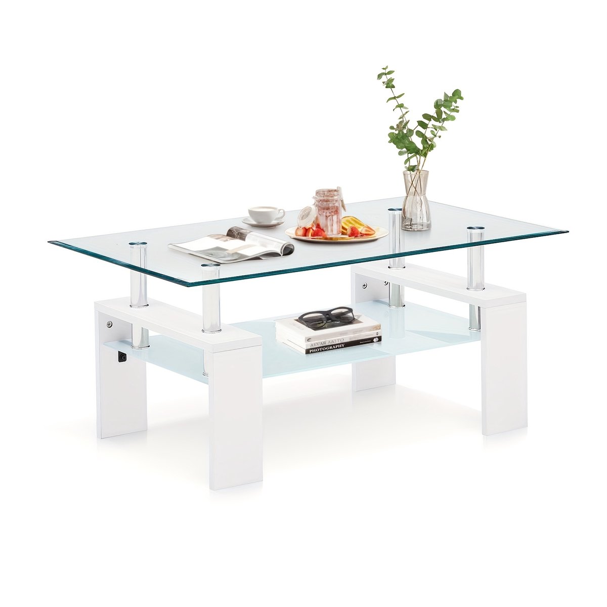 CINK Living® Glazen Salontafel - Moderne Koffietafel met Gehard Glas & Opbergplank - Rechthoekige Bijzettafel Woonkamer - 100 x 60 x 45 cm