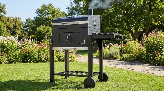 Houtskoolbarbecue XL Grillwagen met Deksel & Thermometer - BBQ Smoker Grill met Warmhoudrooster, Wielen, Zijtafel & Opbergrek - Houtskool BBQ voor Tuin, Camping & Terras - Grijs - House&Garden — afbeelding 4