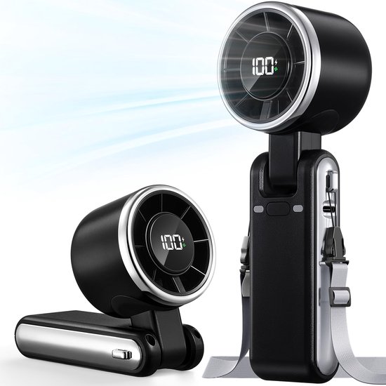 Draagbare handventilator met turbofunctie, 5 snelheden, 4000mAh batterij, USB-C opladen, compact, lichtgewicht, zwart