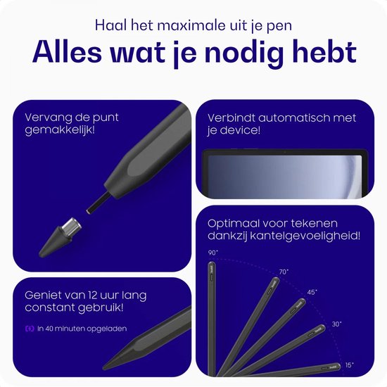 Buddi Flow Universele Actieve Stylus Pen met USB-C Poort - Geschikt Voor Alle Apparaten - Kantelgevoelig - Magnetisch - Geschikt Voor o.a. Tekenen - Zwart - Extra Tip - Voor Tablet, Telefoon en iPad — afbeelding 3